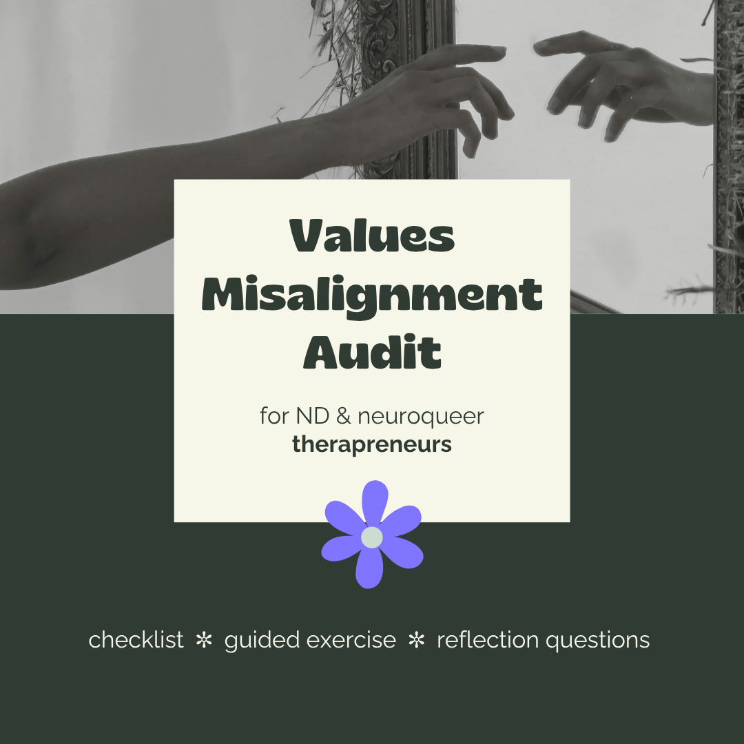 Square promotional graphic for the Values Misalignment Audit for Neurodivergent Therapreneurs. Black and white photo of two hands reaching toward each other reflected in an ornate mirror frame. Cream text block reads: Values Misalignment Audit, for n