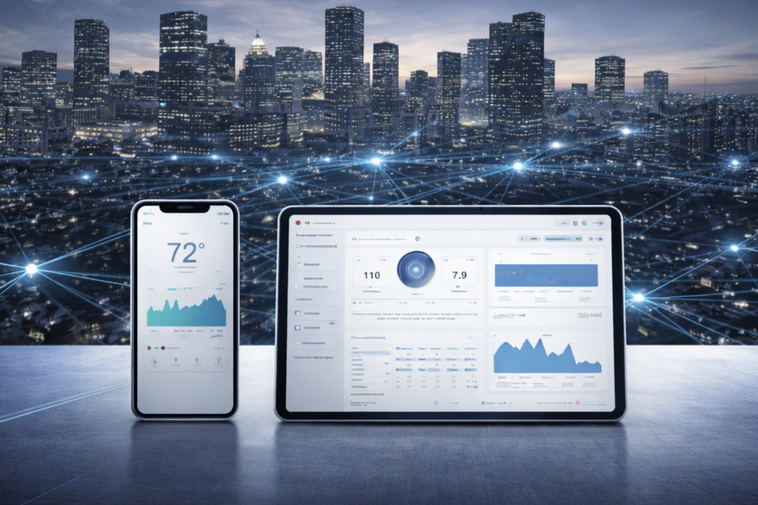 A smartphone and a tablet displaying data and weather information, with a city skyline in the background connected by digital network lines.