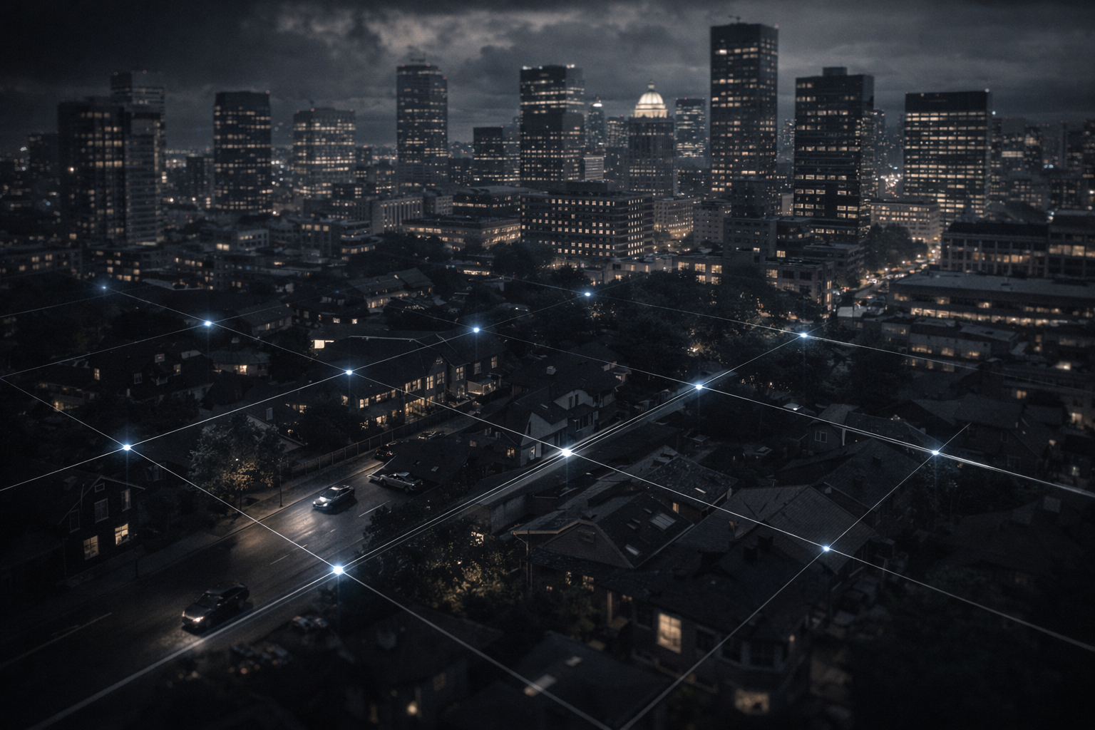Nighttime cityscape of a downtown area with illuminated high-rise buildings and a residential neighborhood with cars on the street, overlaid with a grid of glowing lines connecting points of light.