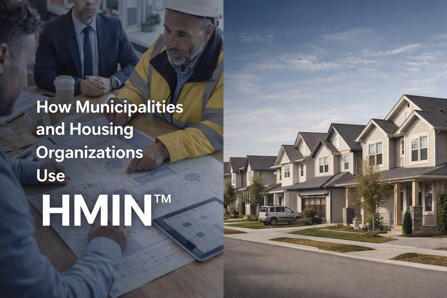 Housing and planning professionals reviewing development plans alongside residential housing, reflecting how Harmelo and HMIN™ support municipalities and housing organizations with long-term mechanical clarity and lifecycle planning.