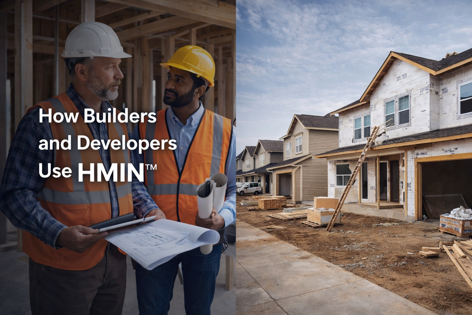 Builders reviewing construction plans on site, illustrating how developers use HMIN™ to register mechanical systems at installation and ensure homes leave construction with permanent, auditable mechanical records supported by Harmelo.