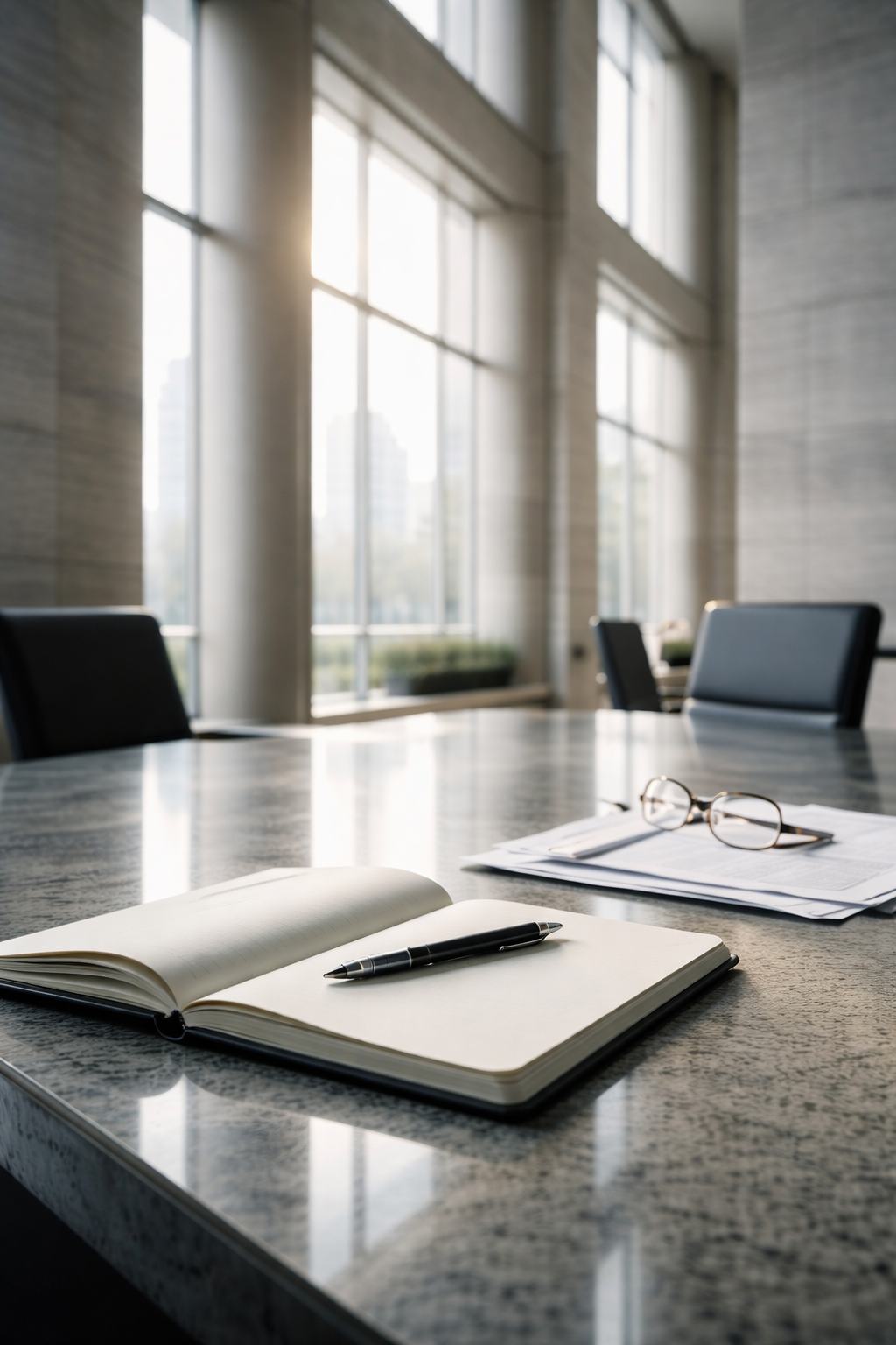 A conference room with a granite table, open notebook with pen, paper documents, and eyeglasses on the table, illuminated by large windows.