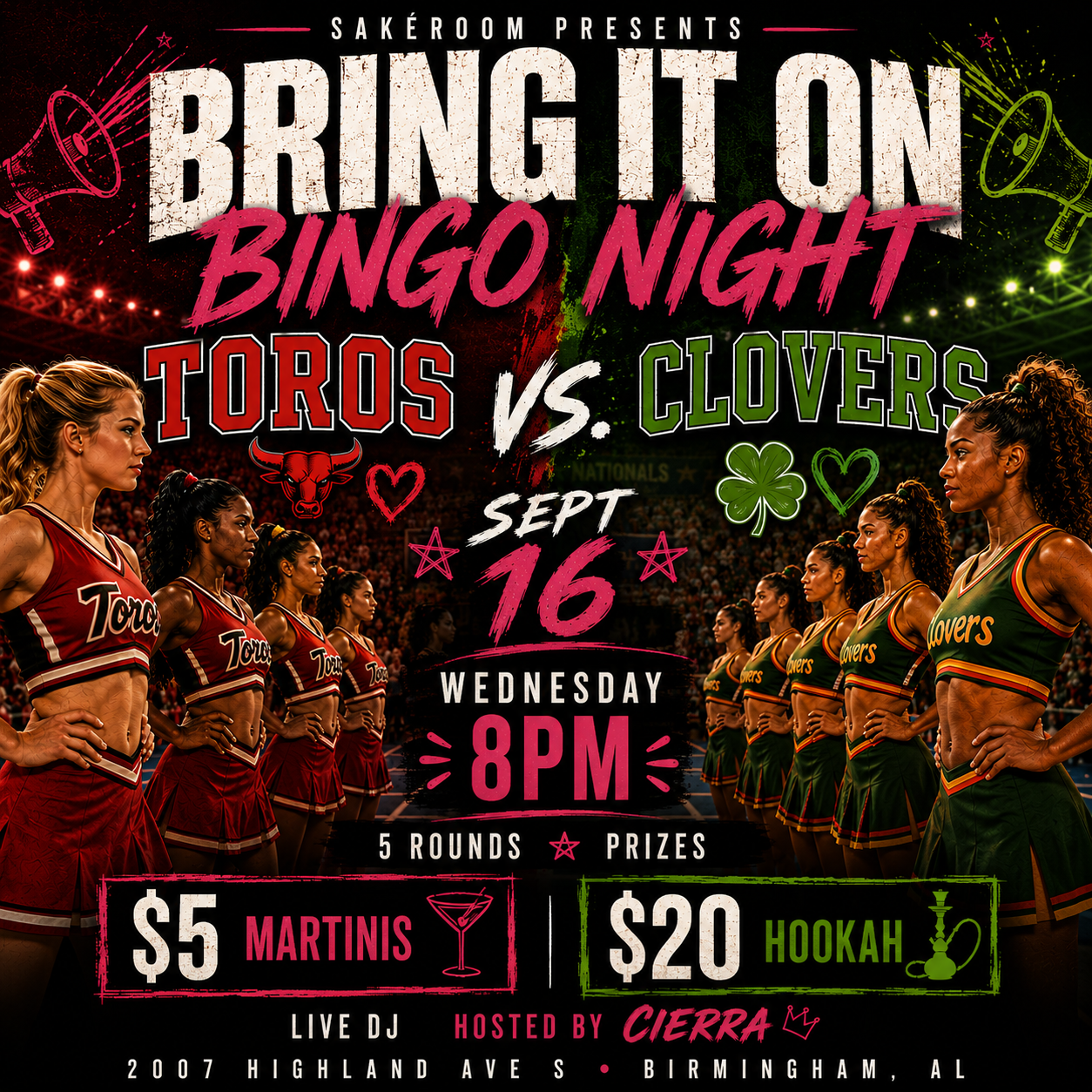       
  
     Our most popular monthly event is back every 3rd Wednesday! 📣❤️💚    Bring It On Bingo — rep your side, Toros vs. Clovers, or come dressed in your best cheer uniform. Expect 5 rounds, prizes, a live DJ, and all the competitive energy.