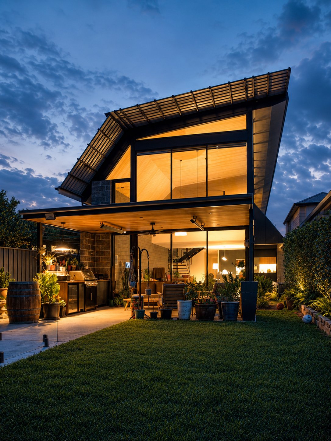 Palmerston Road Residence, Unley showcasing a contemporary rear extension with floor-to-ceiling glazing and a striking pitched roof.