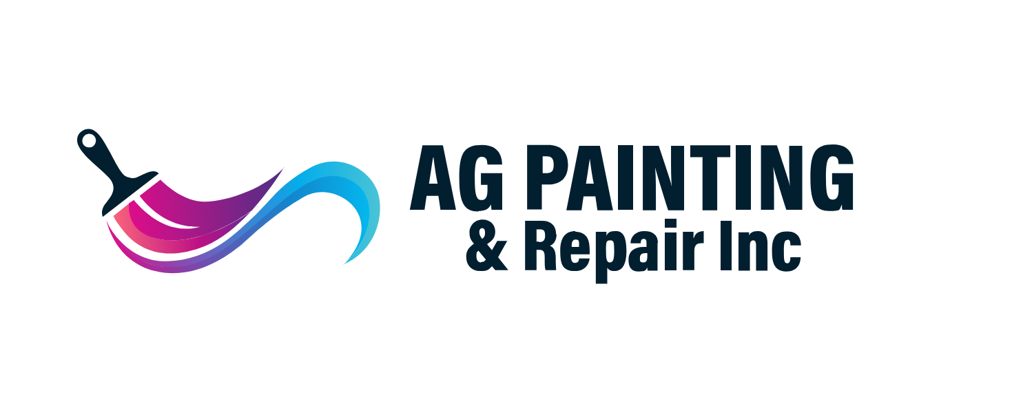 Logo for AG Painting and Repair Inc. featuring a paintbrush with pink and purple paint and a blue swoosh.