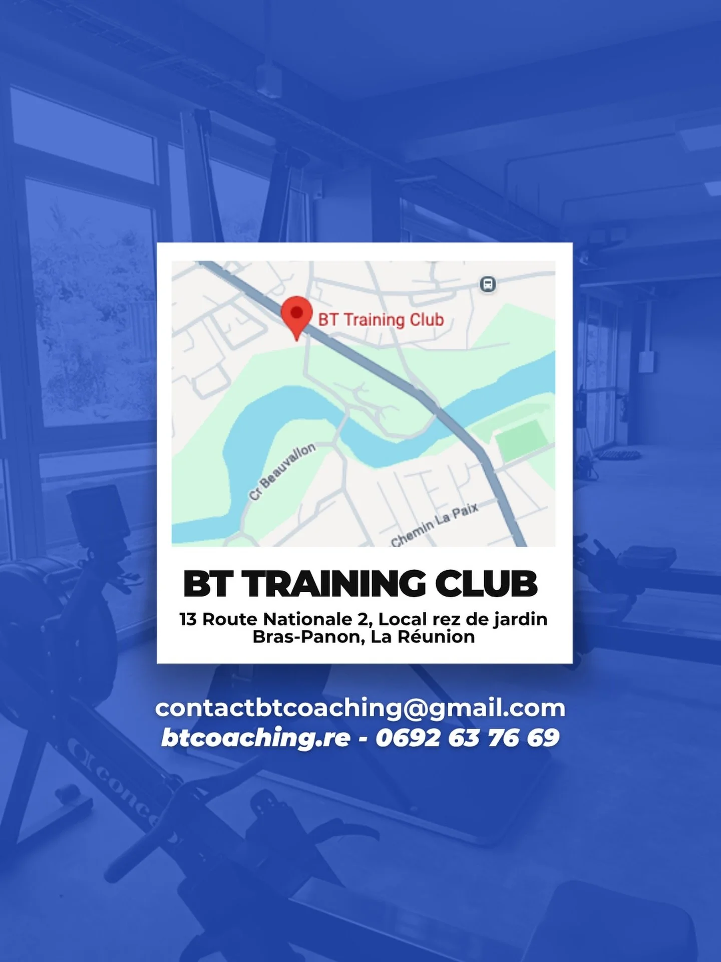 Tu sais o&ugrave; nous trouver ?
📍&nbsp;13 Route Nationale 2, Local rez de jardin &agrave; Bras-Panon, dans l&rsquo;Est de La R&eacute;union. 

Sur Waze, recherche BT Training Club.

Pour toute demande d&rsquo;information sur nos s&eacute;ances, nos