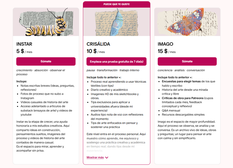 Una imagen que muestra un anuncio de servicios creativos que incluyen INSTAR, CRISÁLIDA y IMAGO, con descripciones, precios mensuales y botones de llamada a la acción en fondo rosa oscuro.