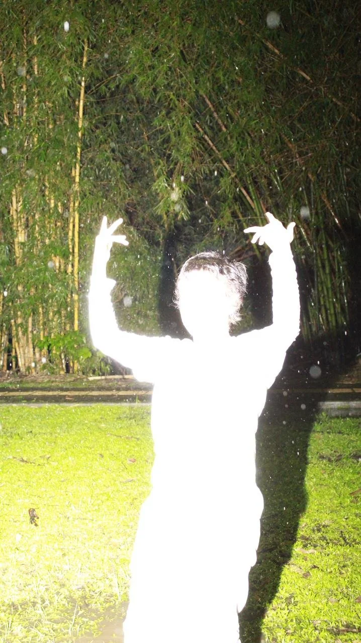 Figura humana con piel muy clara o iluminada, de cabello corto y café, en un entorno de jardín con césped y plantas de bambú al fondo, en la noche o en condiciones de poca luz.