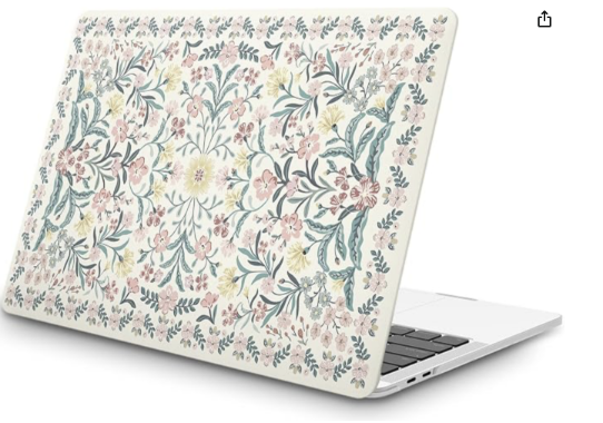 Laptop with a floral patterned cover featuring pink, yellow, and green flowers and leaves.