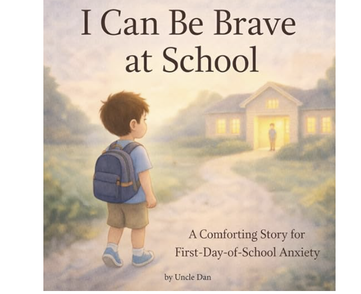Illustration of a young boy with a backpack walking towards a school building at dusk, with soft pastel colors and the title "I Can Be Brave at School" and subtitle "A Comforting Story for First-Day-of-School Anxiety" by Uncle Dan.