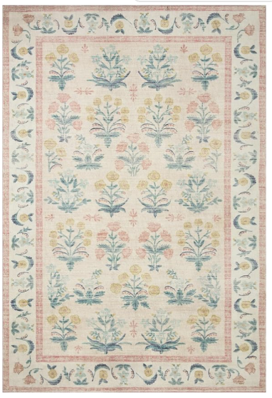 Patterned area rug with a floral design in pastel colors, featuring a border with small floral motifs.