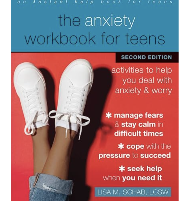 Cover of a workbook titled "The Anxiety Workbook for Teens" second edition, with an image of a person's legs wearing white sneakers and jeans, in front of a red background.