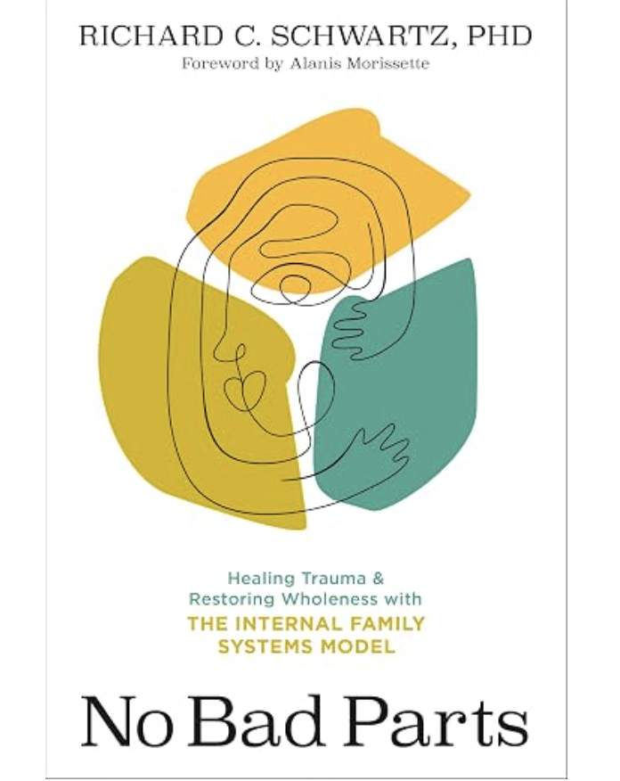 Book cover titled 'No Bad Parts' by Richard C. Schwartz, PhD, with a subtitle about healing trauma using the Internal Family Systems Model, featuring abstract, colorful line art of a face.