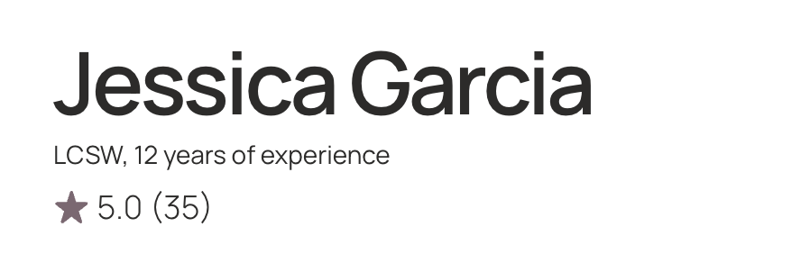 Professional profile displaying the name Jessica Garcia, with credentials LCSW, PPSC and 12 years of experience, and a rating of 5.0 based on 35 reviews.