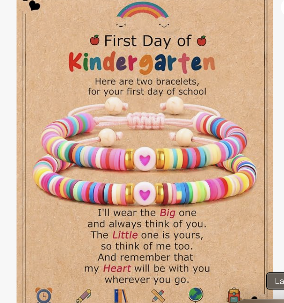 Colorful beaded bracelets with heart and apple charms, celebrating the first day of kindergarten, accompanied by a poem about friendship and remembrance.