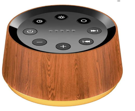 Smart speaker with wood grain finish and touch controls for power, brightness, timer, volume, and playback.