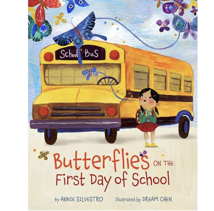 Colorful illustration of a girl with a backpack standing next to a yellow school bus, with butterflies flying around.