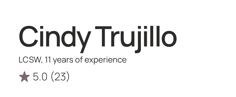 Profile card for Cindy Trujillo, LCSW, PPSC with her qualifications, experience, and ratings.