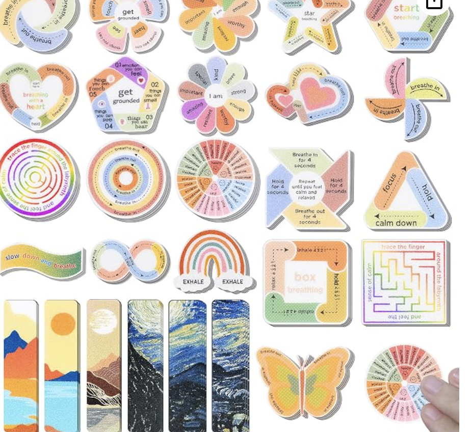 Collection of colorful educational and mindfulness activity stickers, including breathing exercises, visualization guides, and nature imagery.