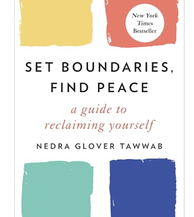 Book cover titled 'Set Boundaries, Find Peace' by Nedra Glover Tawwab with a subtitle 'a guide to reclaiming yourself'. It features colorful abstract shapes on a white background, with a label indicating it is a New York Times bestseller.