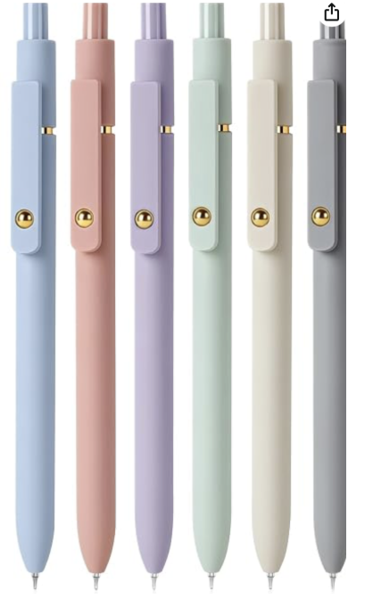 Six pastel-colored pens in blue, pink, purple, mint green, cream, and gray, aligned vertically.