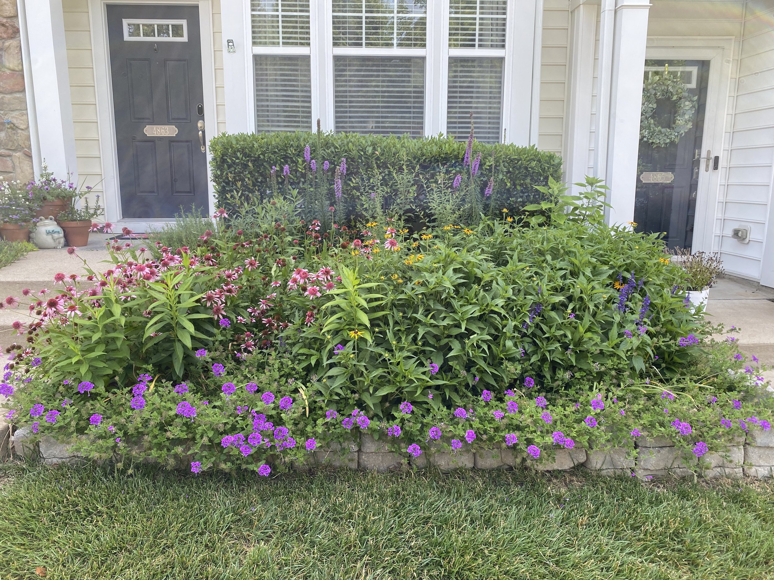 Front porch garden with various blooming flowers, bushes, and potted plants in front of a house with a dark door and white siding.