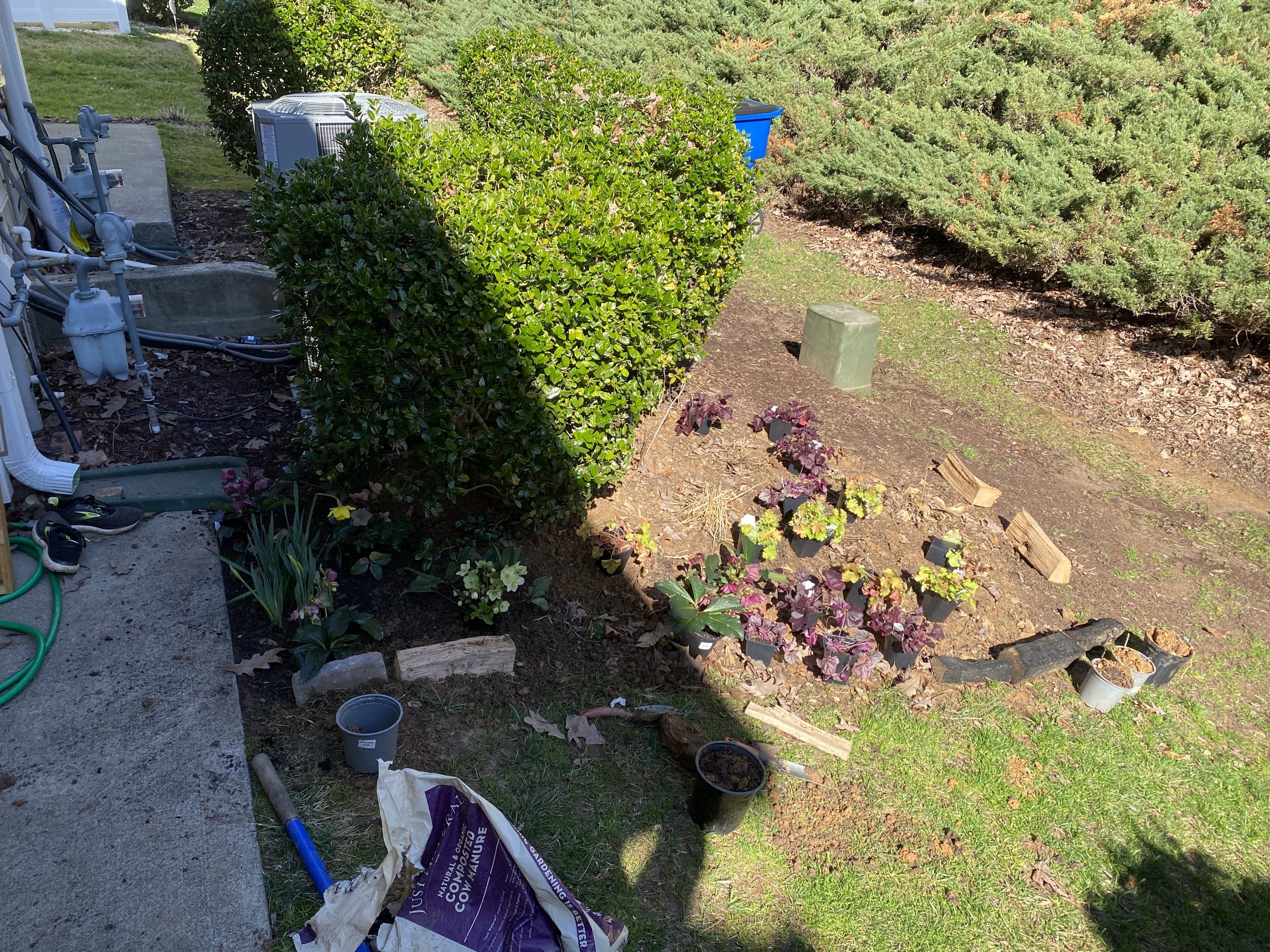 A backyard garden with plants and flowers, partially shaded. There are potted plants on the ground, a large bush, some small shrubs, and a patch of grass with wood logs. Gardening tools, a bag of soil, and a bucket are also visible near the patio.