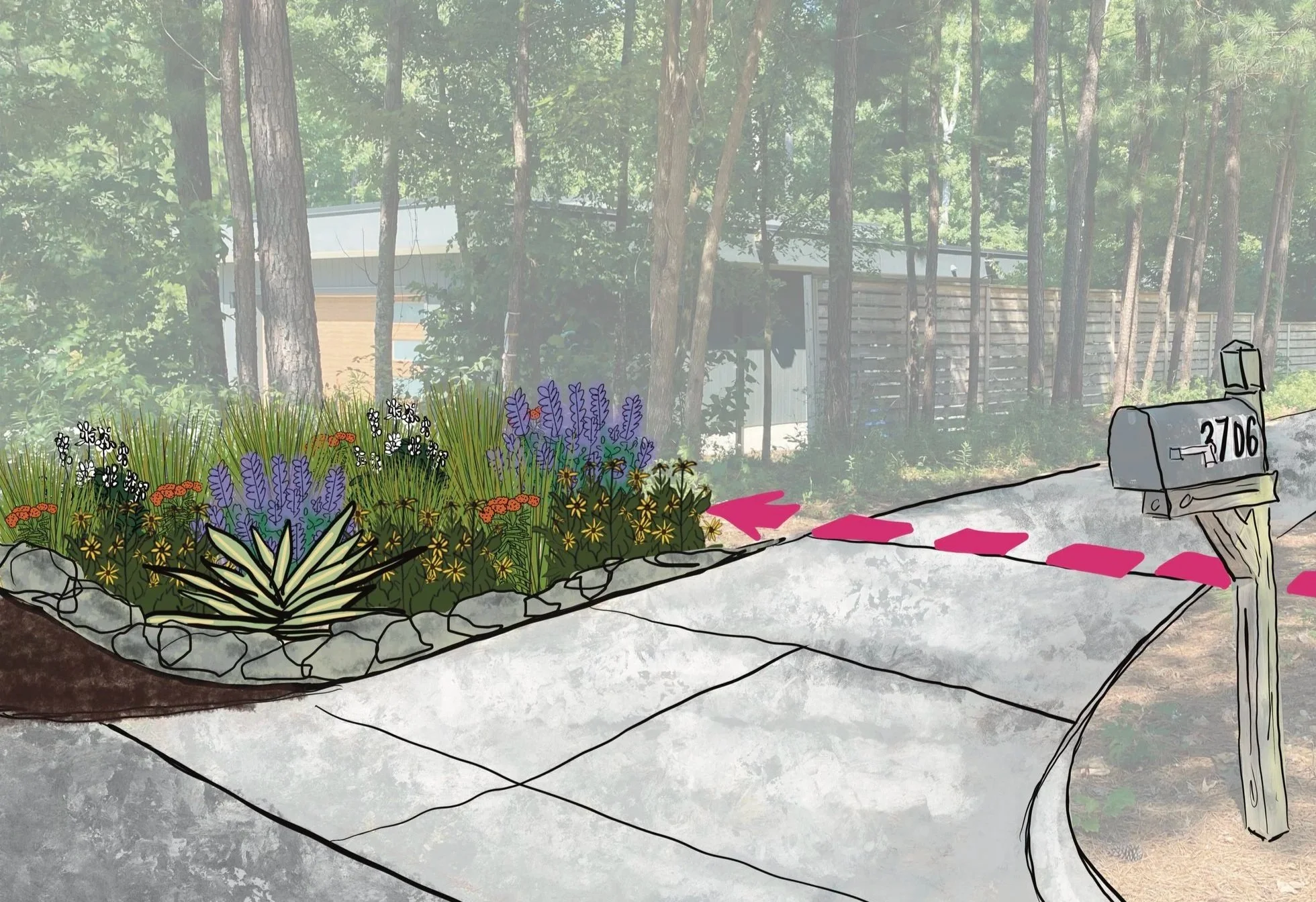 Illustration of a sidewalk with a flower garden and a mailbox with the number 2706, in front of a wooded area with tall trees and a house in the background.