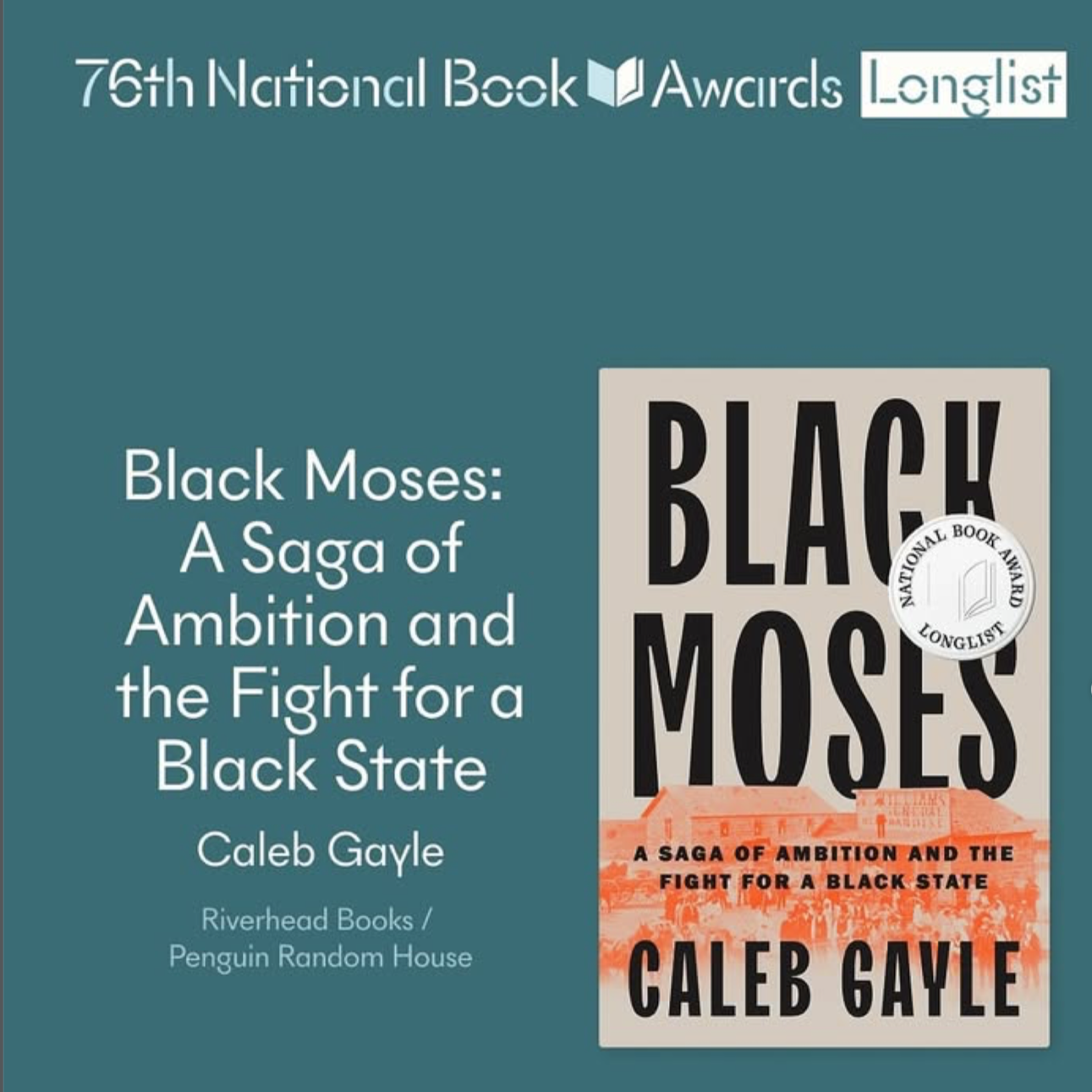 Cover of the book "Black Moses" by Caleb Gayle, with a teal background and the title in large black letters. The book subtitle, publisher, and a sticker indicating a national book award are also visible.