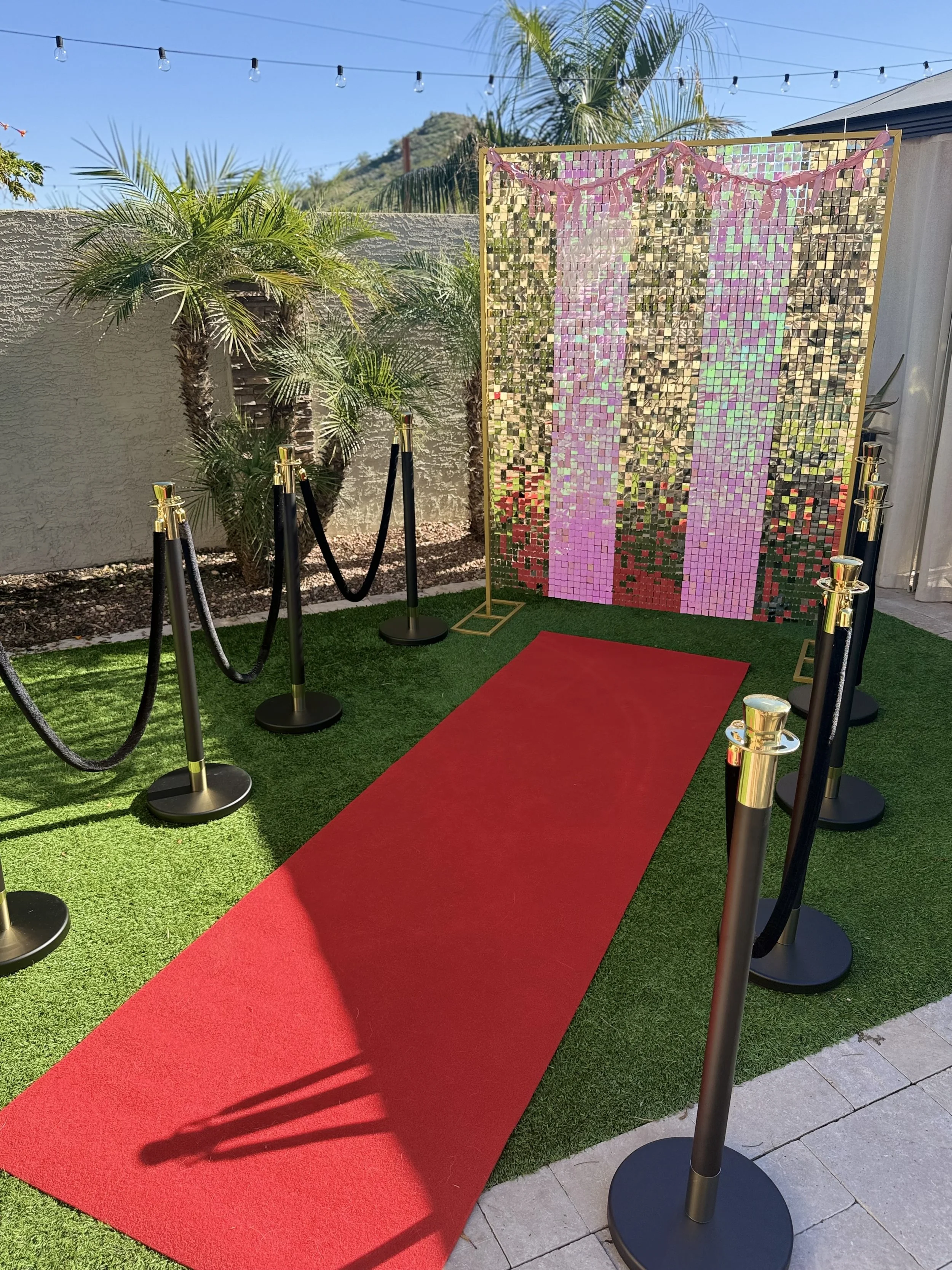 Red carpet with black stanchions and velvet ropes leading to a mirrored backdrop at an outdoor event, with palm trees and string lights visible.