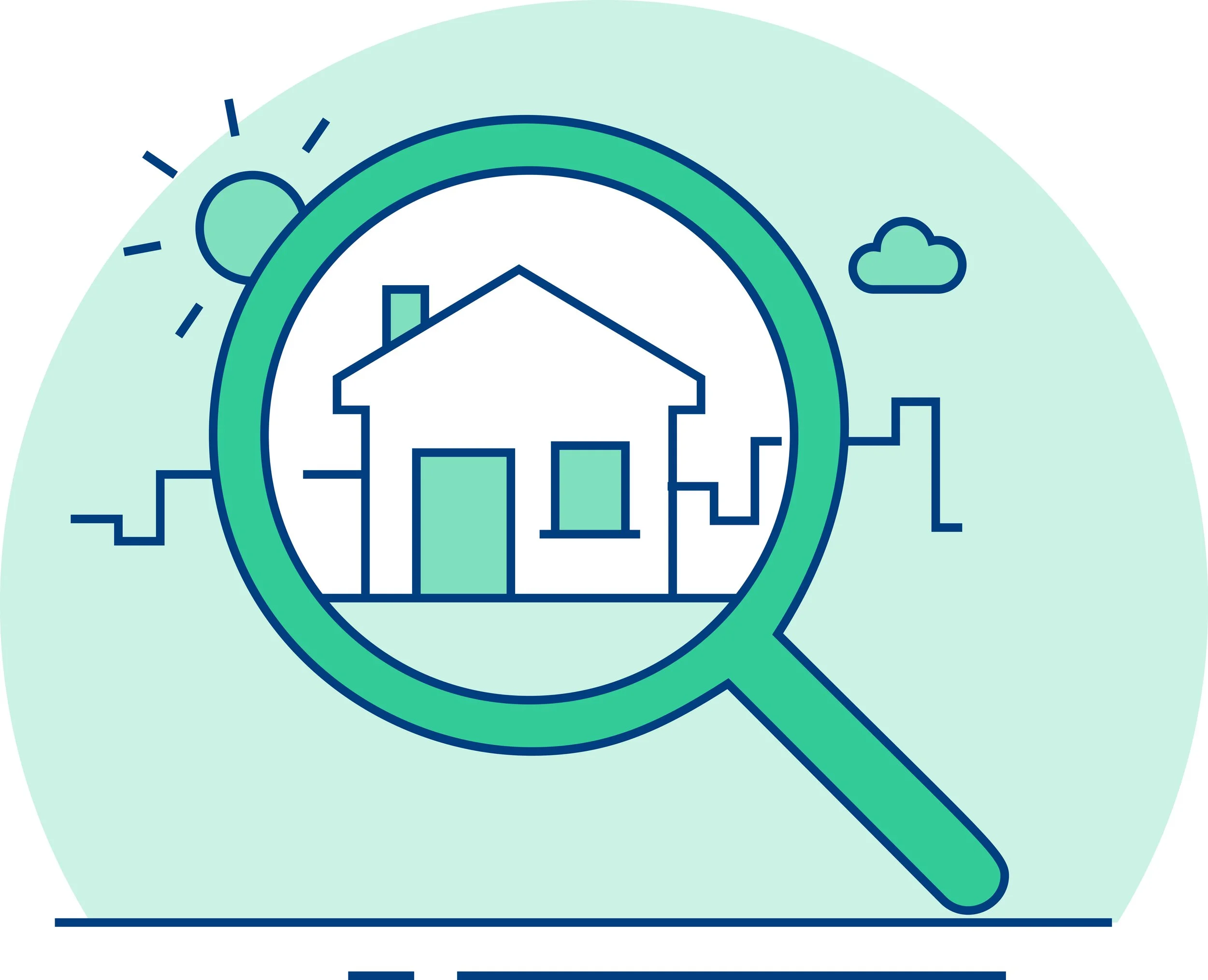 Illustration of a house in the center surrounded by a magnifying glass, with a sun, cloud, and structural line underneath, symbolizing real estate and property search.