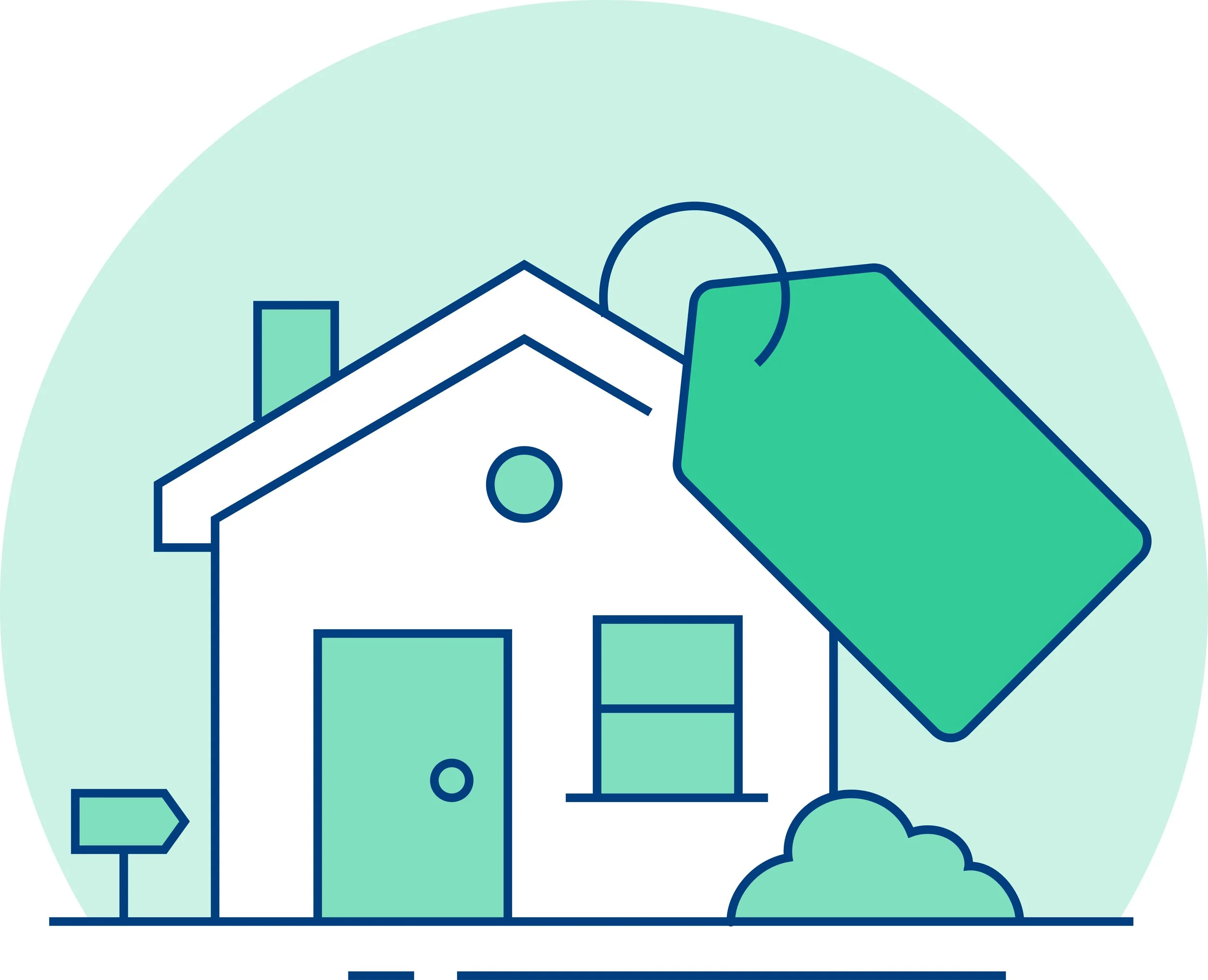 Line drawing of a house with a roof, windows, a door, a chimney, a tree, a bush, and a shopping cart, all inside a light green circle.
