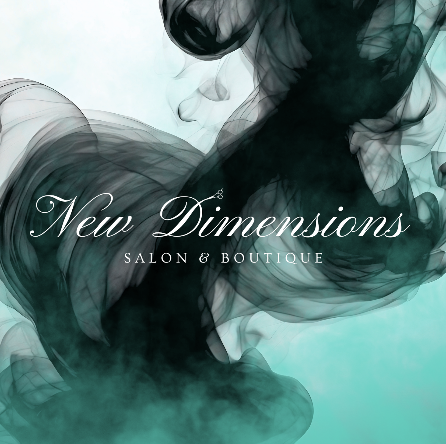 Black and teal swirling smoke with text overlay that reads "New Dimensions Salon & Boutique".
