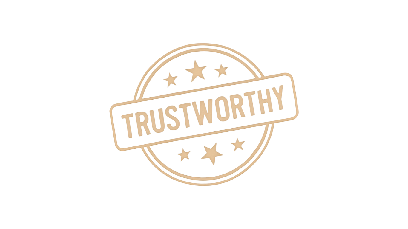 A badge with the word "TRUSTWORTHY" across the center, surrounded by stars and a circular border, colored in red, beige, and gold.