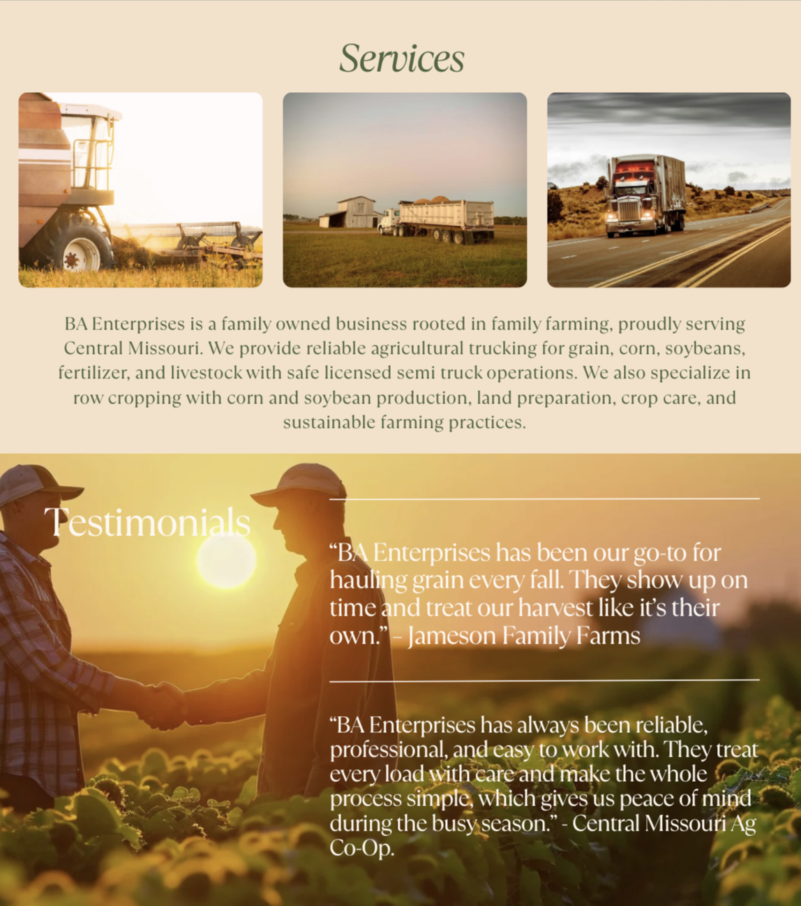 Flyer for BA Enterprises featuring farm images and testimonials.