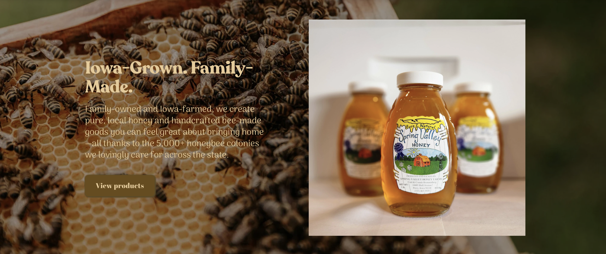 A promotional webpage for Spring Valley Honey Farms featuring honey products. The left side shows a close-up of honeybees on a honeycomb with overlaid text promoting the family-owned, Iowa-grown honey business, and a button labeled 'View products.' The right side displays jars of honey with a colorful label, set against a blurred background.