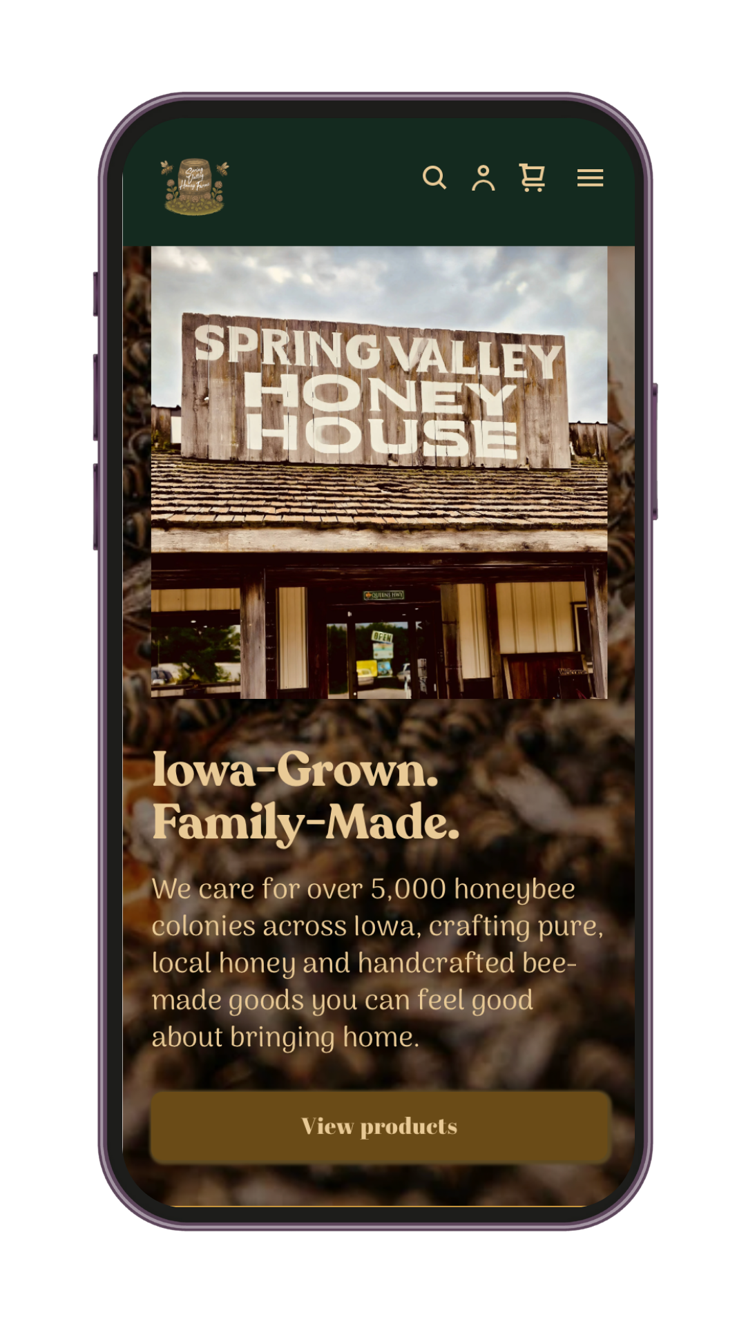 Website homepage for Spring Valley Honey Farms website designed and developed by Prairie & Co. Studio