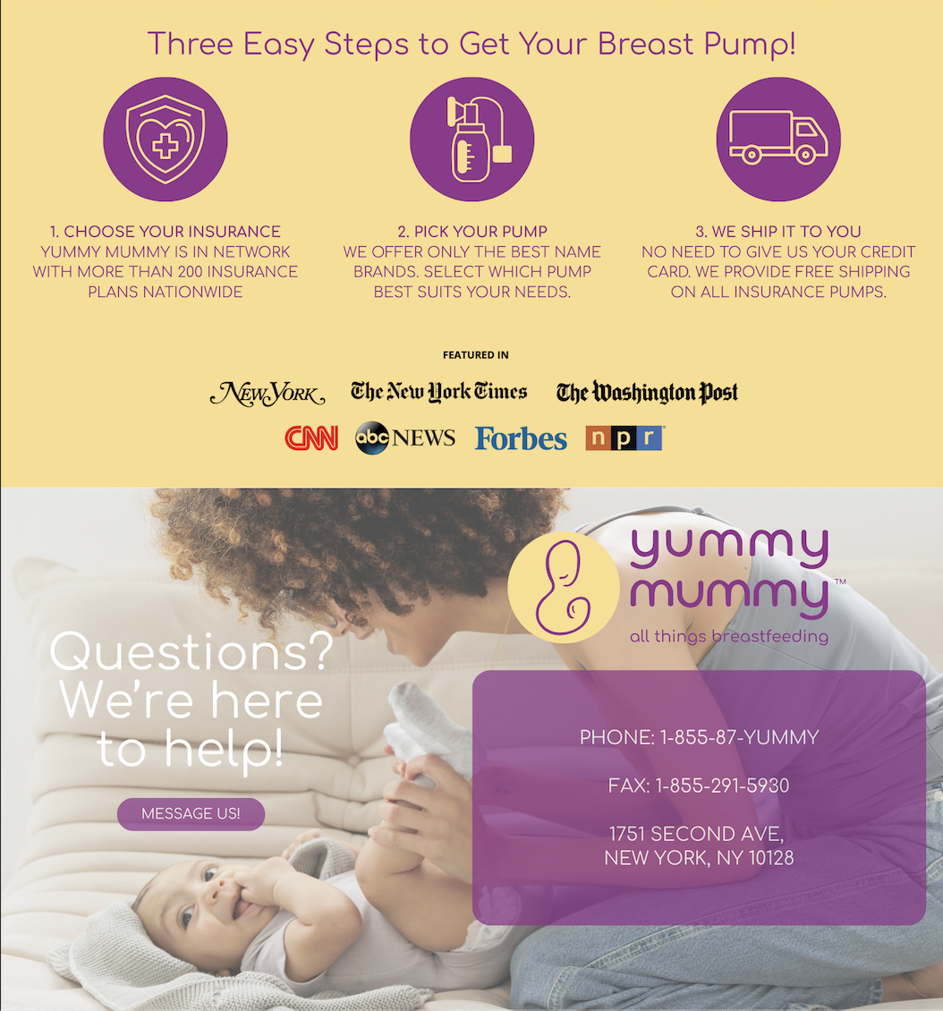 An advertisement for Yummy Mummy, a breastfeeding support service, showing three steps to get a breast pump, featuring images of insurance, pumps, and shipping, with a background picture of a woman breastfeeding a baby and contact information in a purple overlay.