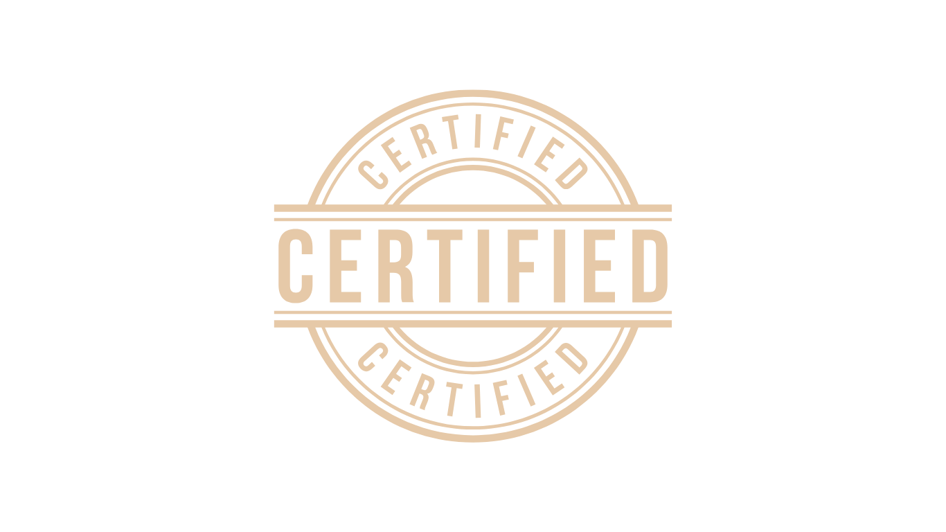 A circular seal with the word "Certified" in the center and around the edge, the word "Certified" is repeated three times. The seal is beige on a black background.