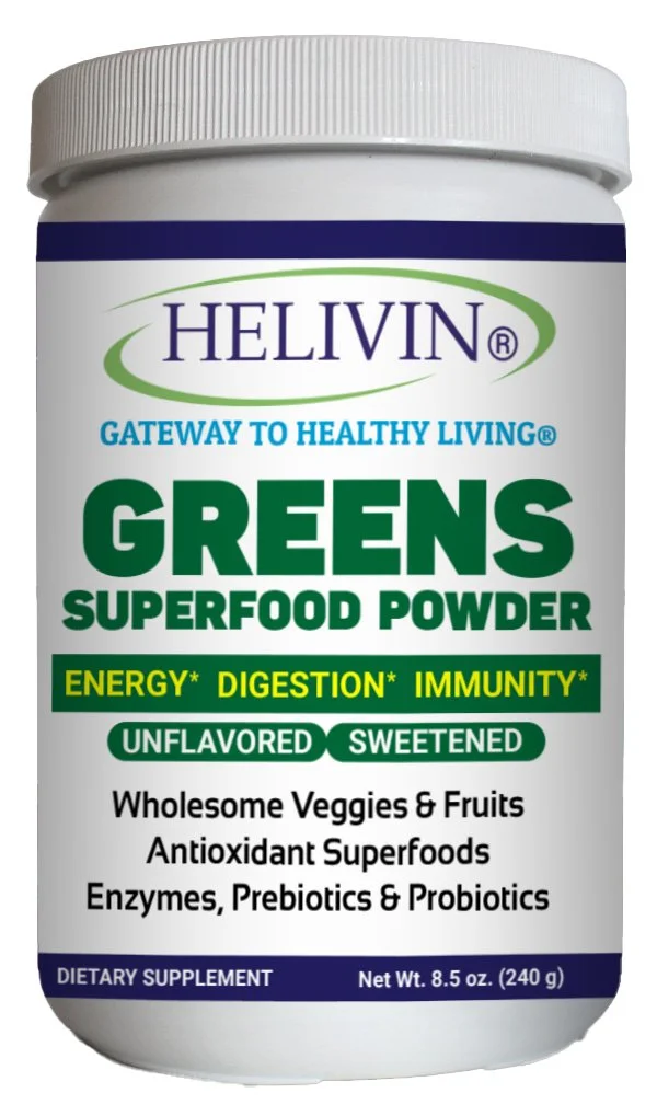 Helivin Greens Superfood Powder - Natural Raw Plant Nutrition with Superfoods, Antioxidants, Digestive Enzymes, Fiber, Prebiotics and Probiotics
