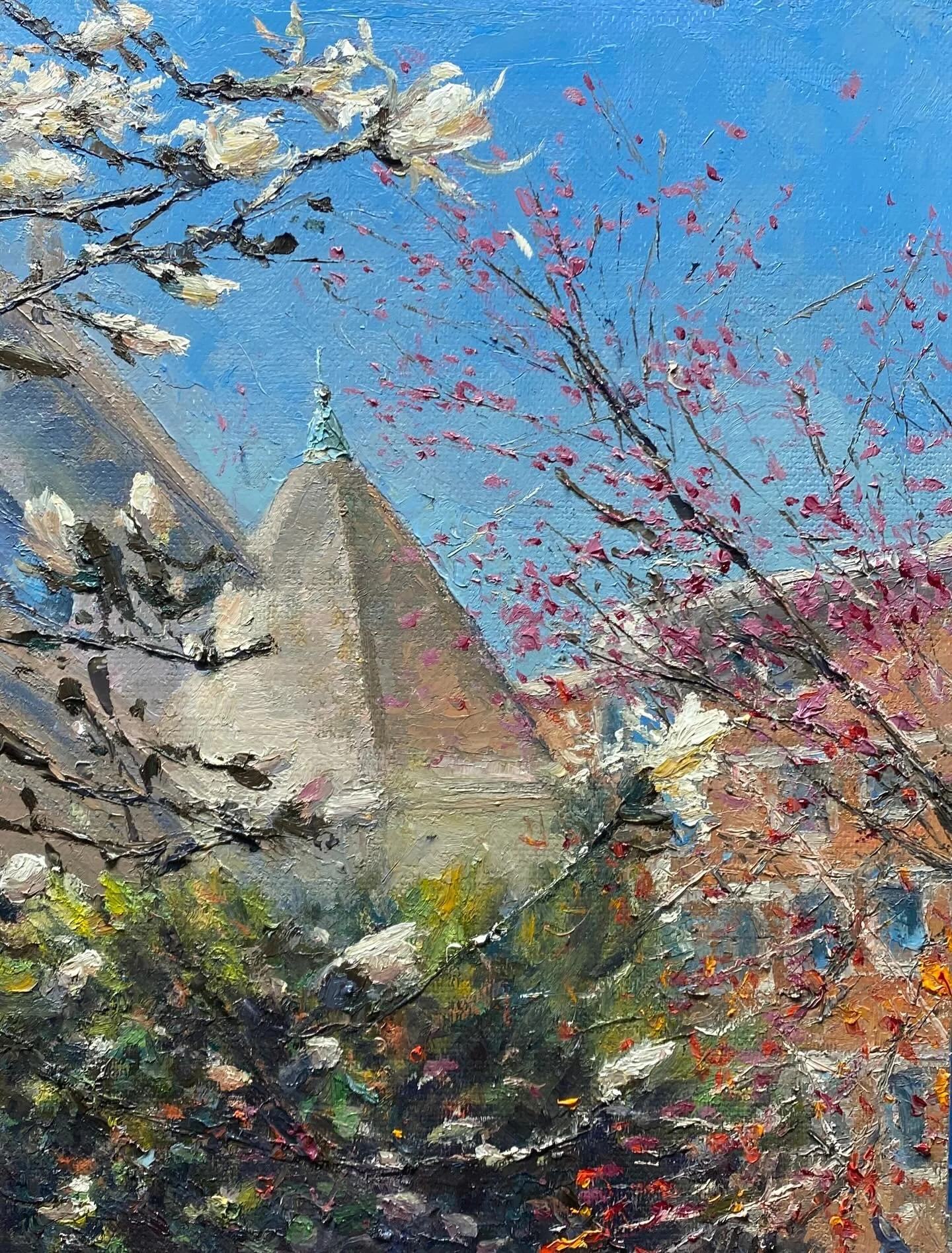 Blooming Boston 
Oil on Panel 11&rdquo;c14&rdquo;
#art #travelandsketch #citysketch #landscapepainting #travelaroundtheworld #oilpainting #artistsoninstagram #streetsketch #dailypainting #fineart #artwork #history #culture #city #chapel  #bloom #bold