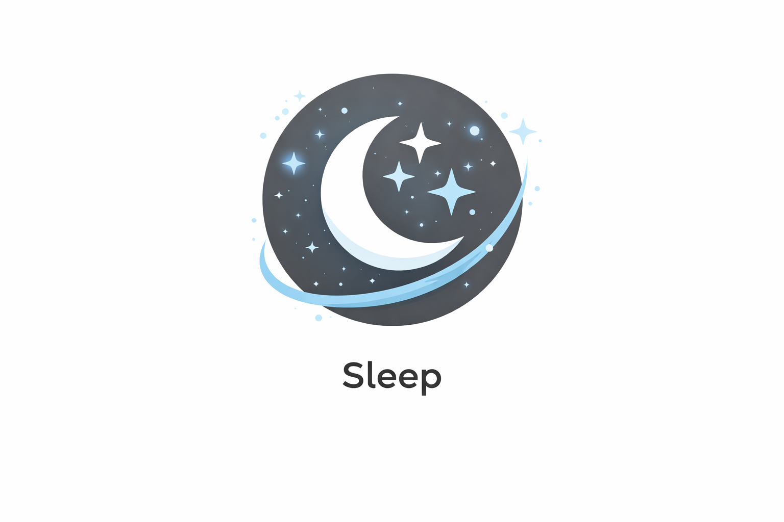 An illustration of a crescent moon and stars within a dark circular background, with a light blue swoosh around it. Below the image, the word "Sleep" is written.