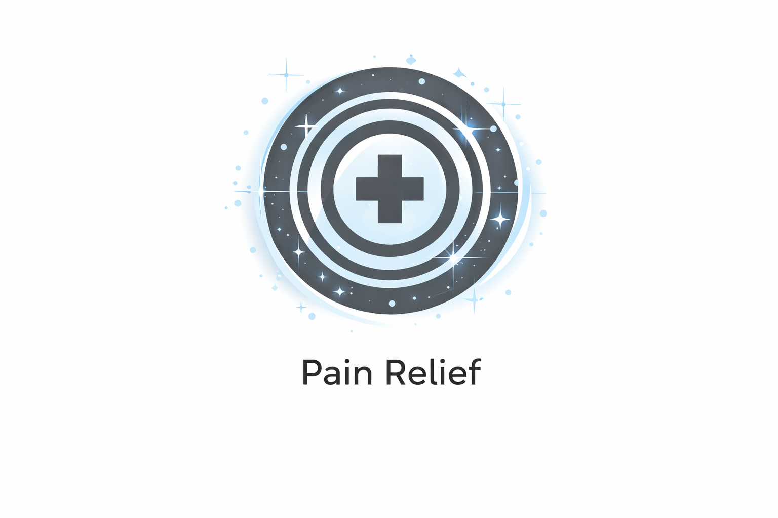 A digital graphic with a dark circular symbol featuring a central plus sign, surrounded by concentric rings and sparkling effects, with the text 'Pain Relief' beneath.