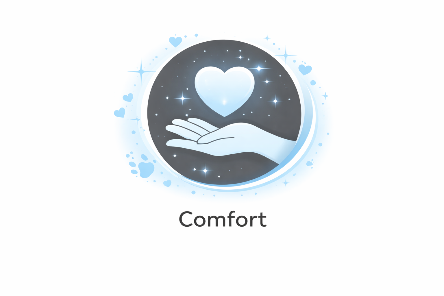 A graphic showing a hand with an open palm, a glowing heart above it, surrounded by sparkles and small hearts, with the word 'Comfort' underneath.