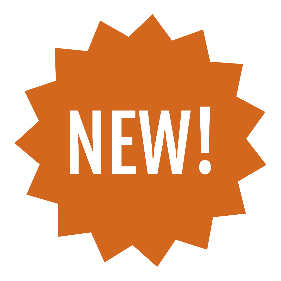 Orange starburst badge with jagged edges reading 'NEW!' in white bold text.