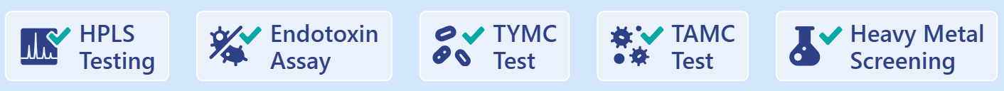 A series of five icons representing medical testing services, including HPLS Testing, Endotoxin Assay, TMYC Test, TAMC Test, and Heavy Metal Screening.