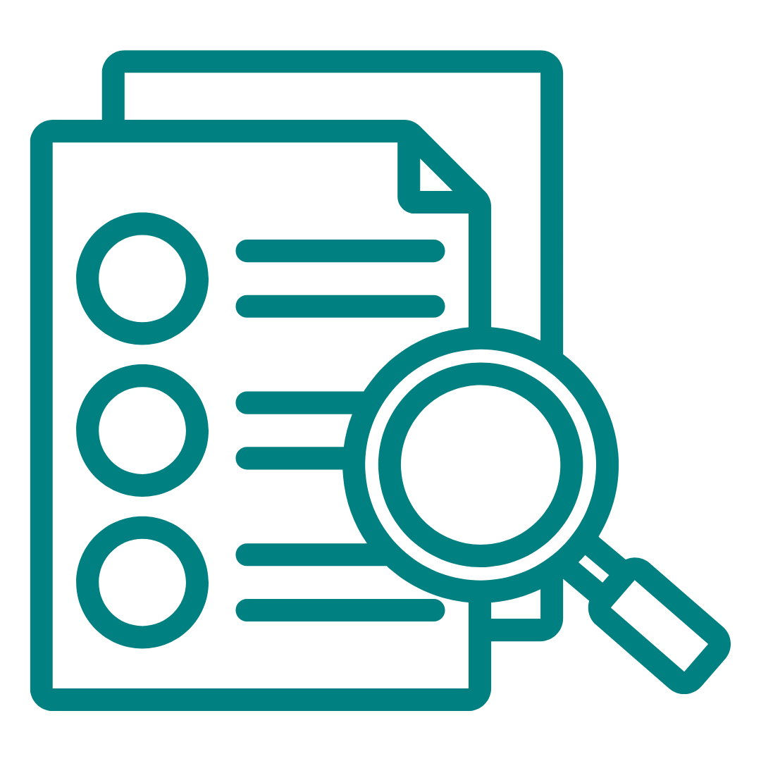 Outline icon of a document with bullet points and a magnifying glass examining the document