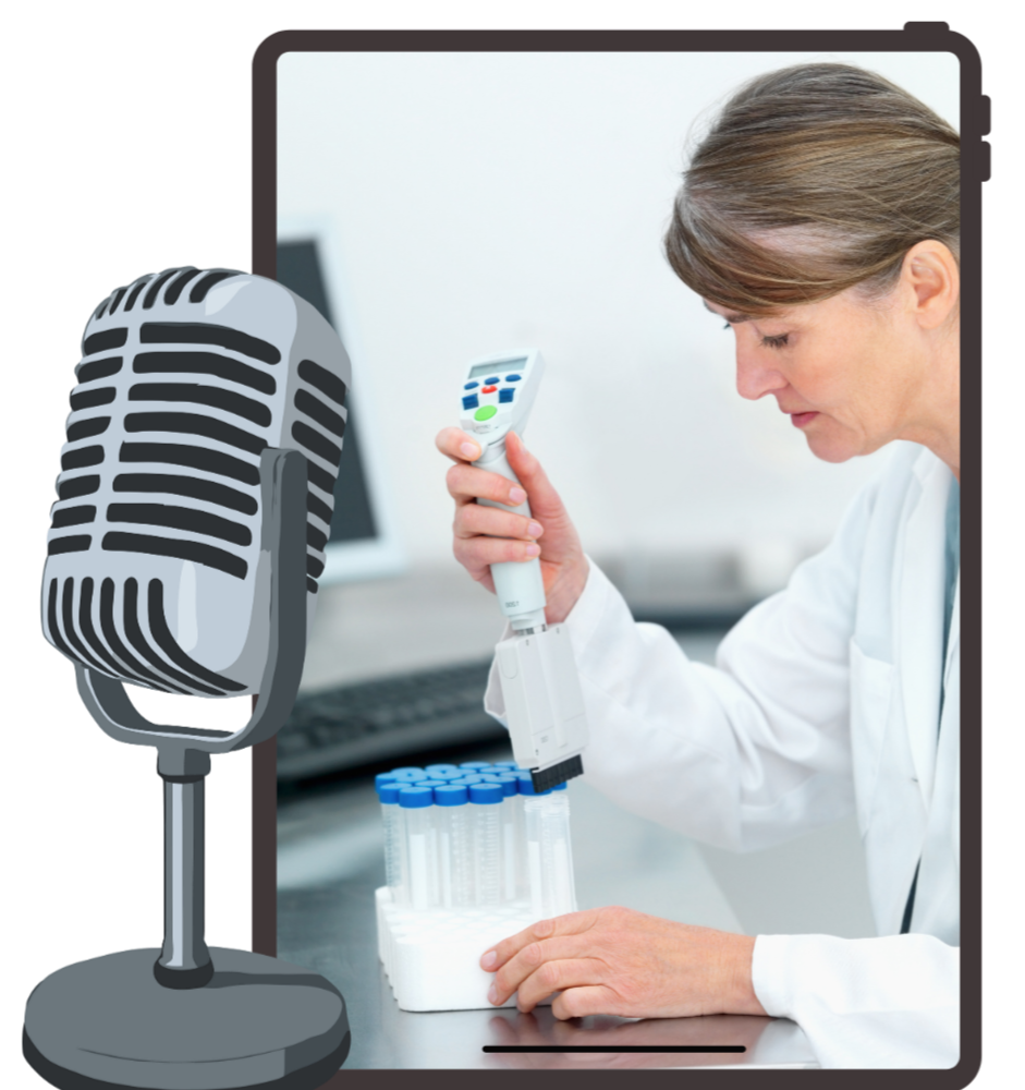 Scientist working in a laboratory, holding a pipette and test tubes, with a microphone icon overlay.