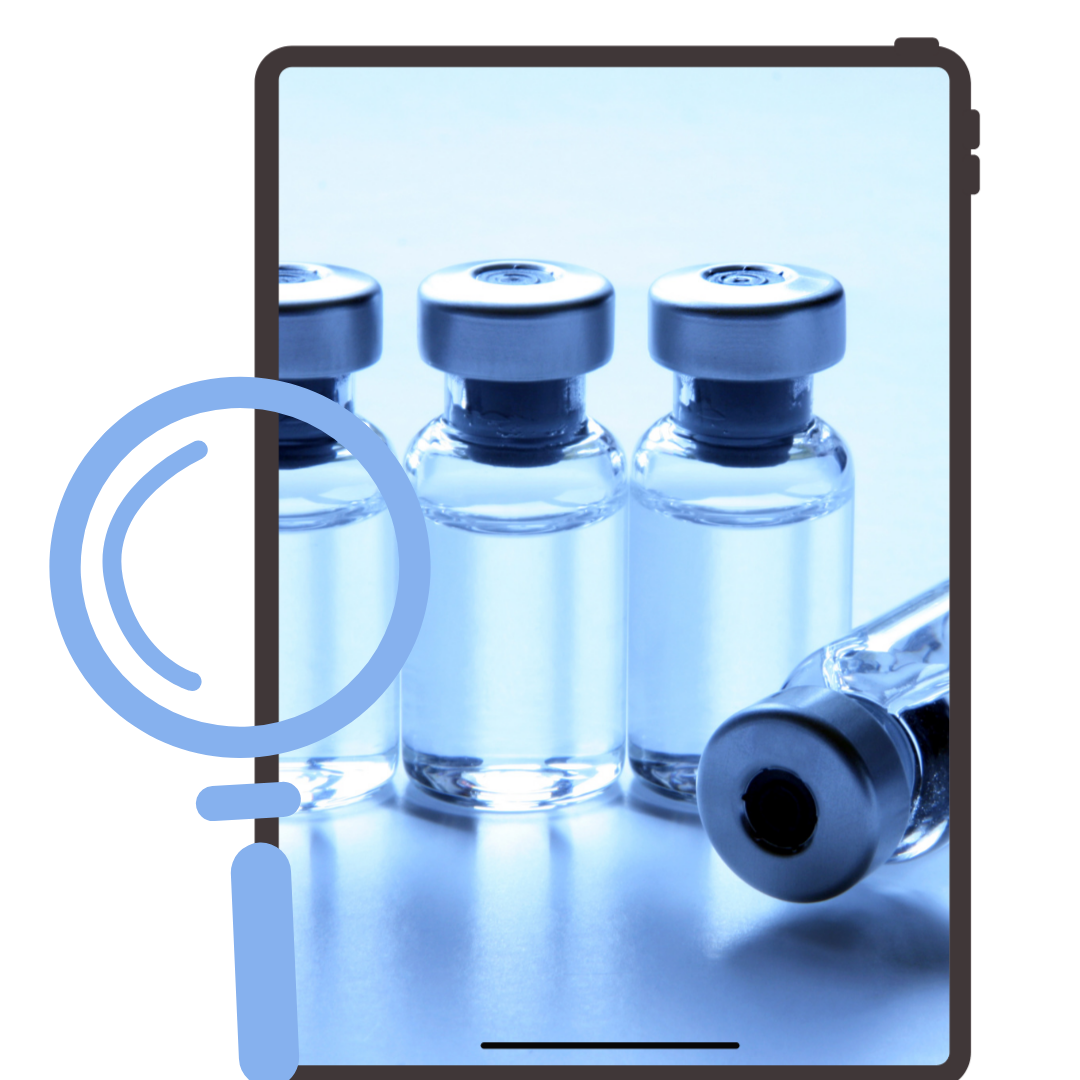 Three glass vials filled with clear liquid and capped, lying on a light blue surface with a syringe nearby, with a magnifying glass overlay.