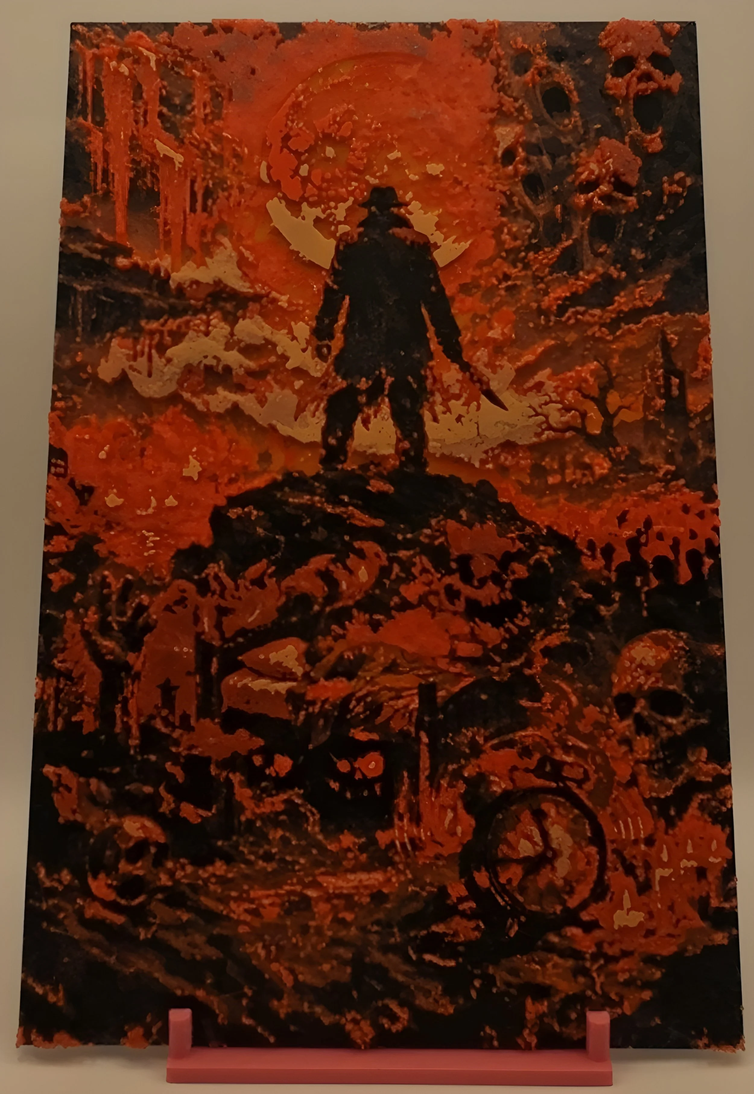 Hear the cheers, till death is near. On the hills he stands in thrill, waiting for the eager kill

Original Art. A Poem in Vision.

Glows when exposed to UV Light.
(Regular lighting)